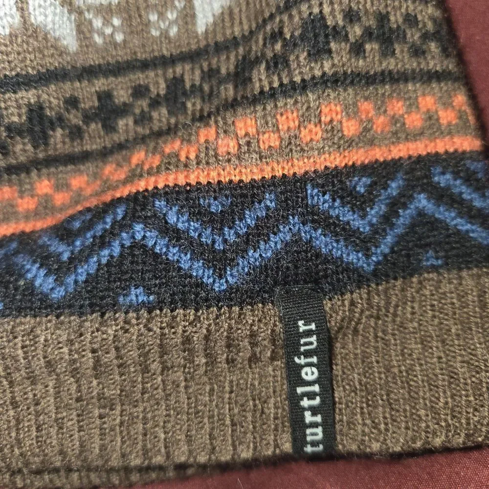 Turtle Fur Merino Wool Blend Beanie Hat Brown Fair Isle Snowflake Fleece Lined